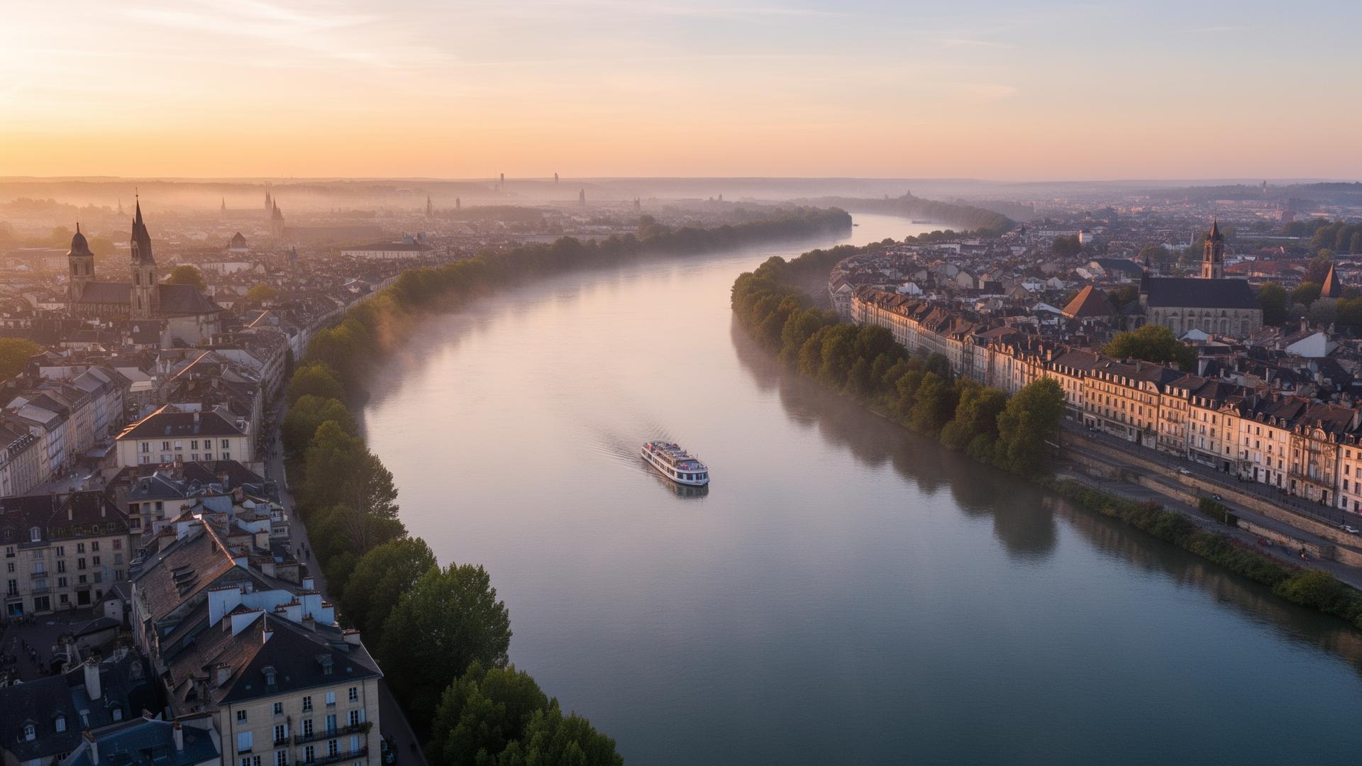 River cruise boat at sunrise on a European river